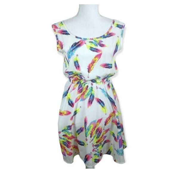 COOL FASHION MULTICOLOR FEATHER PRINT DRESS SZ.M EUC. - Picture 2 of 9